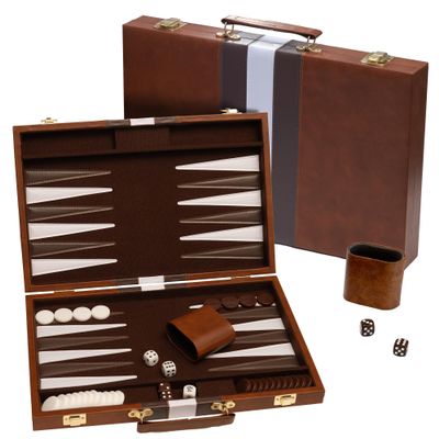 Backgammon Board Game, Deluxe Leather Like Case, Felt Interior, Brown, Classic Backgammon Game, Popular Board Game, Board Games (Medium (15"))