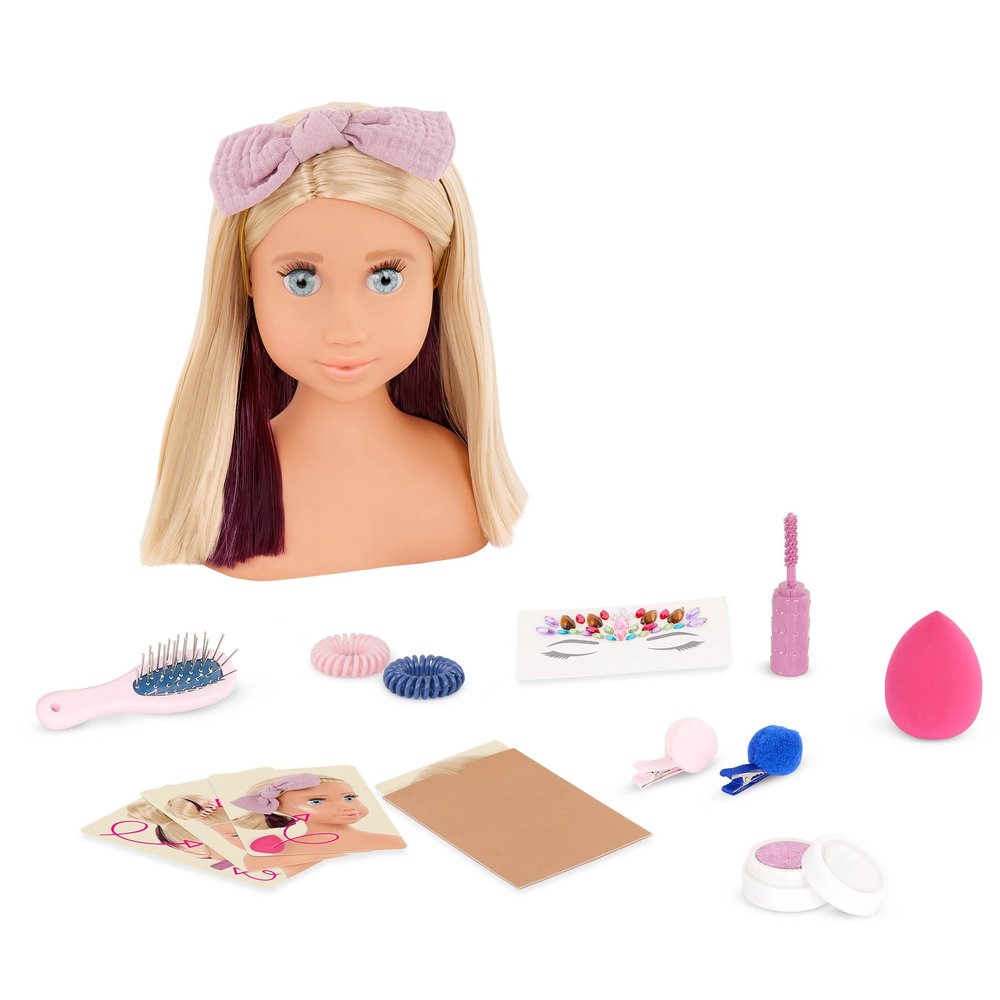 Our Generation Sparkles of Fun Styling Head Deanna - Long, Thick Blonde Hair, Peekaboo Highlights, Pom Pom Hair Clips, Glitter for Face and Hair, Movable Head, Soft Eyelashes - Hairdressing Set
