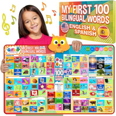 First 100 Words Bilingual Electronic Alphabet Poster  Interactive Learning Chart for Kids | 100 First Words in English & Spanish | Educational Talking Wall Poster