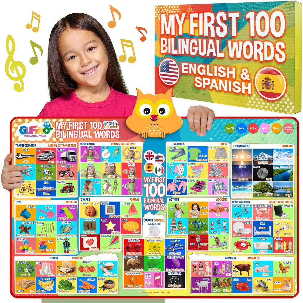 First 100 Words Bilingual Electronic Alphabet Poster  Interactive Learning Chart for Kids | 100 First Words in English & Spanish | Educational Talking Wall Poster
