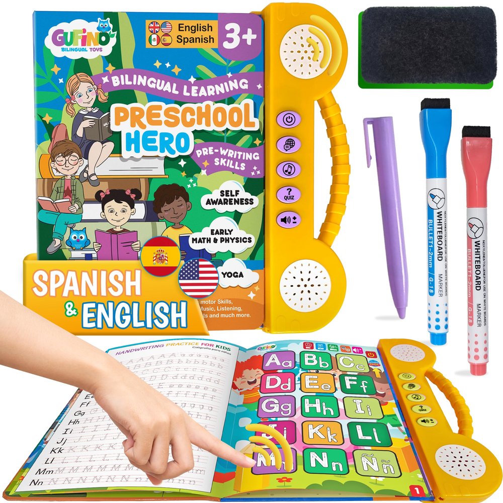 Interactive Bilingual Toy | Talking Busy Book for Toddlers 3-5 | Spanish Workbook with Dry Erase Activities | Preschool School Supplies in Spanish and English