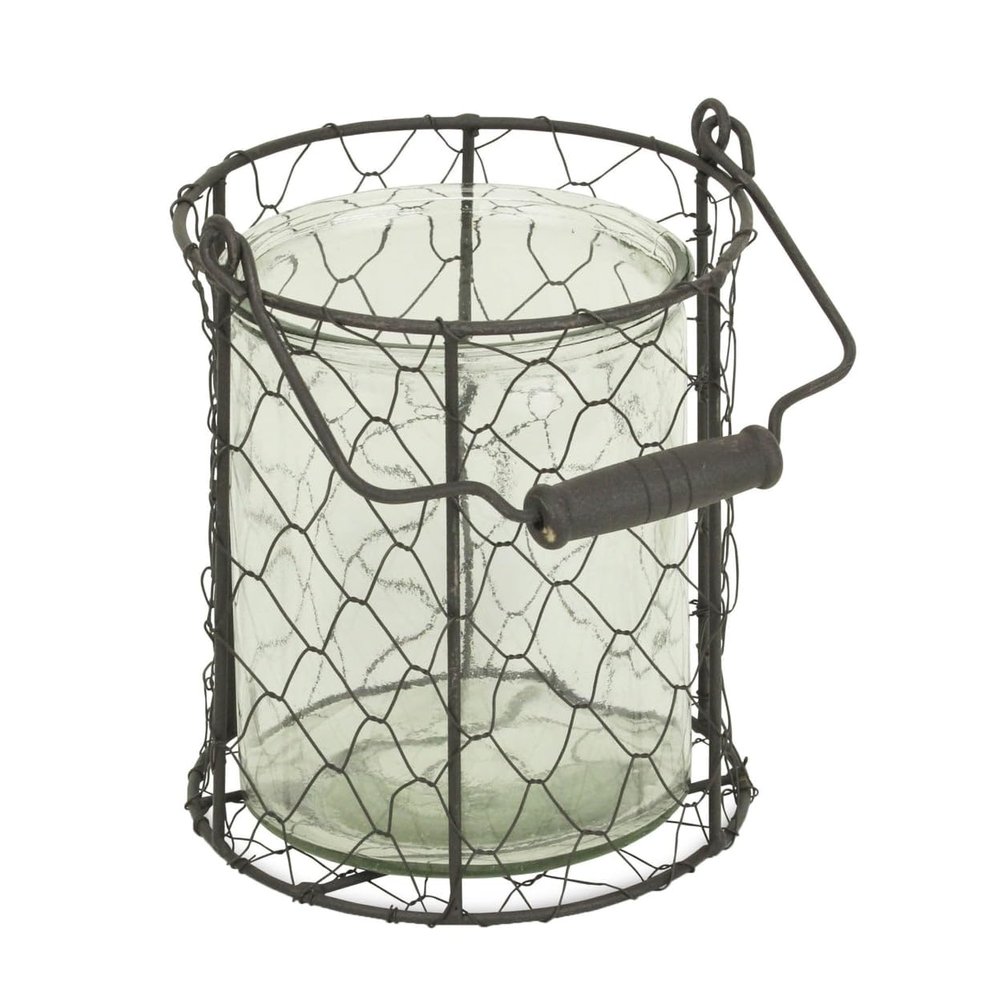 Round Glass Jar in Wire Basket, Brown - Extra Large