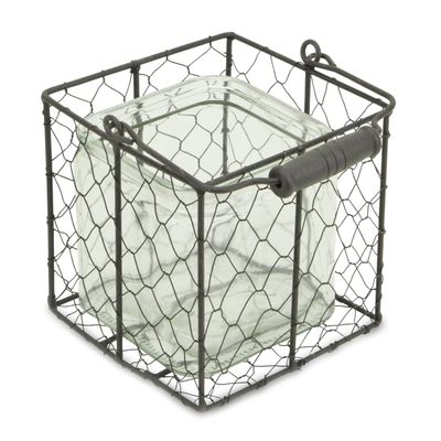 Square Glass Jar in Wire Basket, Brown - Large