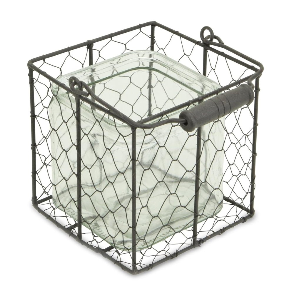 Square Glass Jar in Wire Basket, Brown - Large