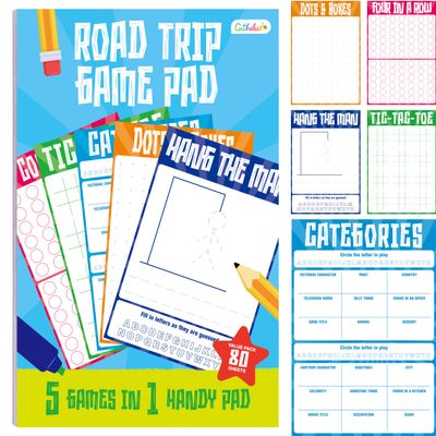 Road Trip Game Pad, 80 Perforated Sheets Travel Activity Pad, 5 Games in 1 Pad, Plane, Car Trip Activity, Pen Pencil & Paper Game for Kids, Adults (6 x 9)