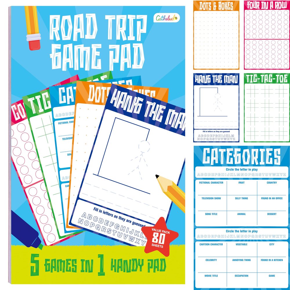 Road Trip Game Pad, 80 Perforated Sheets Travel Activity Pad, 5 Games in 1 Pad, Plane, Car Trip Activity, Pen Pencil & Paper Game for Kids, Adults (6 x 9)