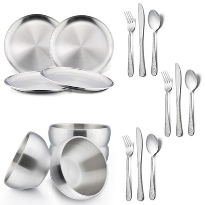 HaWare Toddler Utensils Set, Stainless Steel Kids Plates and Bowls Sets, 17-Piece Kids Dinnerware Set Includes Plate, Bowl and Silverware, Unbreakable Utenisl for Party, Picnic, Dishwasher Safe