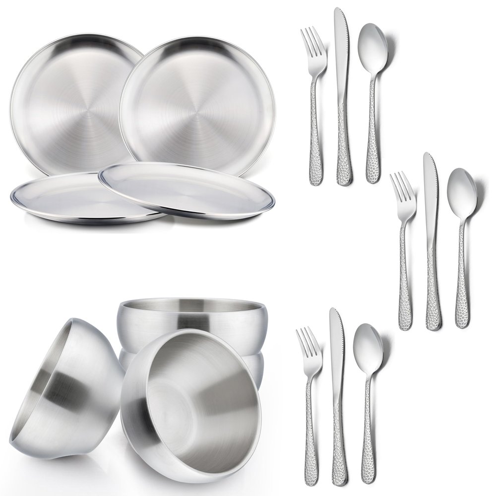HaWare Toddler Utensils Set, Stainless Steel Kids Plates and Bowls Sets, 17-Piece Kids Dinnerware Set Includes Plate, Bowl and Silverware, Unbreakable Utenisl for Party, Picnic, Dishwasher Safe