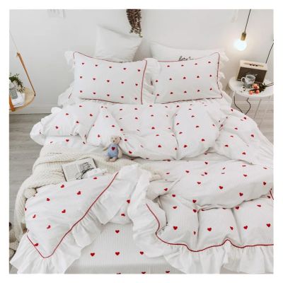 ADovz Luxury Princess Style 100% Cotton Bedding Set Ruffles Duvet Cover Black Dot Flat Pillowcases 4pcs,Bed Sheets, FH-762
