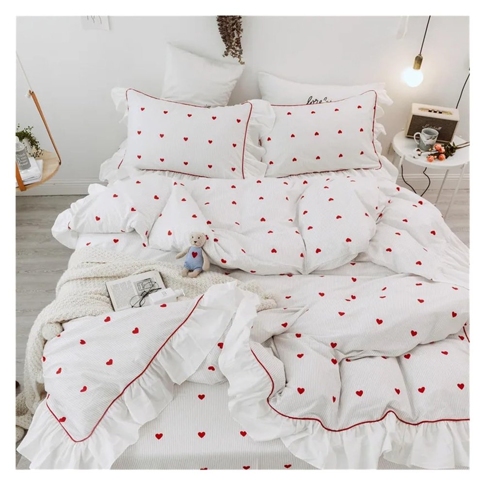 ADovz Luxury Princess Style 100% Cotton Bedding Set Ruffles Duvet Cover Black Dot Flat Pillowcases 4pcs,Bed Sheets, FH-762