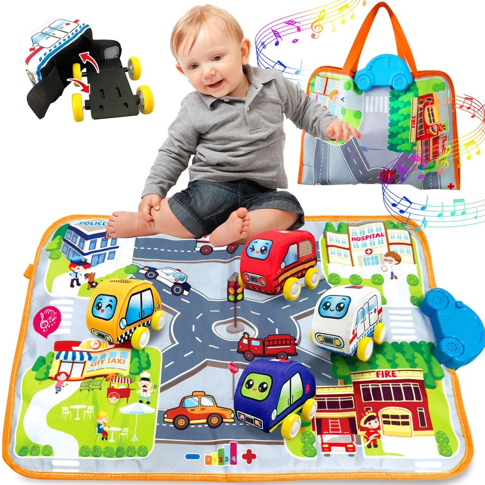 oeleoyi Soft Cars Toys with Voiced Playmat for One Year Old Toddler, Birthday Gifts for Infant 1 to 3 Years Boys and Girls, Musical Mat Easy Storage