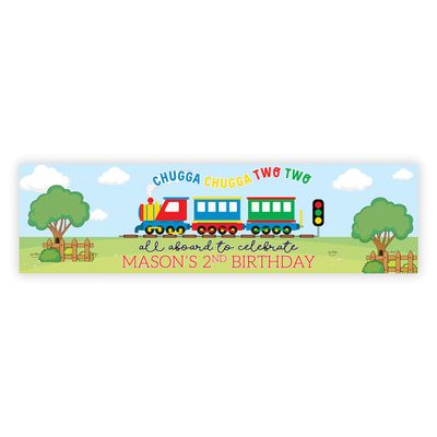 Andaz Press Personalized Chugga Two Banner, 13 X 47-inch Custom Happy Birthday Banner Choo Choo I'm 2 Train Birthday Decorations
