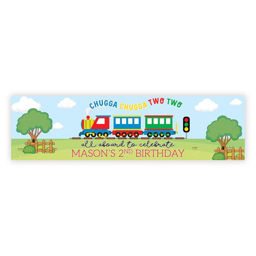 Andaz Press Personalized Chugga Two Banner, 13 X 47-inch Custom Happy Birthday Banner Choo Choo I'm 2 Train Birthday Decorations