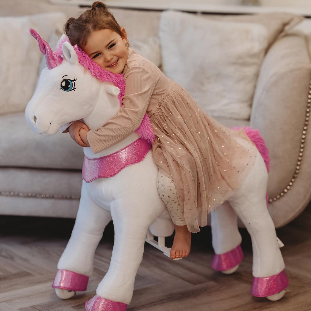 PonyCycle Unicorn Ride on Toys for Girls Horse Spirit Toys, Essential Model E Size 4 for Kids Age 4-8/35.4" Height, Birthday Gifts Plush Walking Animal Giddy up Riding Toys Ride on Pony Pink E412