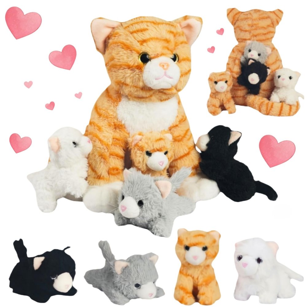 5 Pieces Cat Stuffed Animal with Babies Inside Belly 1 Mommy Stuffed Cat Toy with 4 Baby Plush Kittens, Orange Tabby Cat Plush Stuffed Kitty Plush Toys for Kids Birthday Party Favors Surprise Gifts