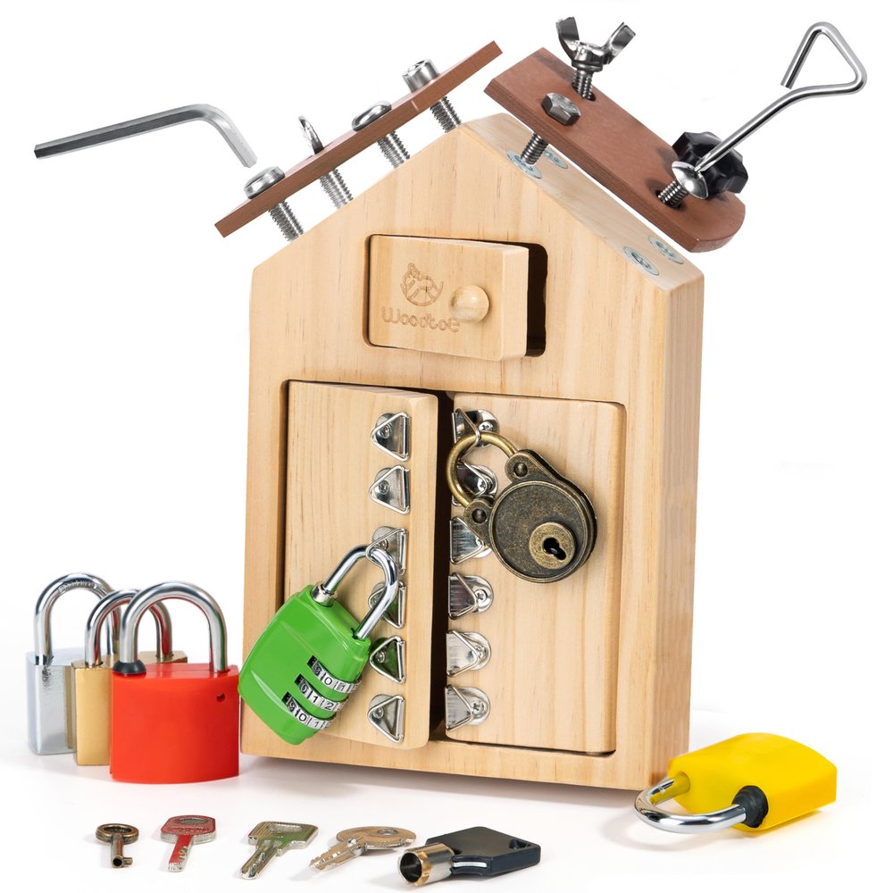 Woodtoe Montessori Screwdriver Board with Lock and Key Toy, Wooden Montessori Toys for Kids 3 4 5 Year Old, Toddler Fine Motor Skills STEM Toy, Preschool Sensory Learning Birthday Gifts for Boys Girls