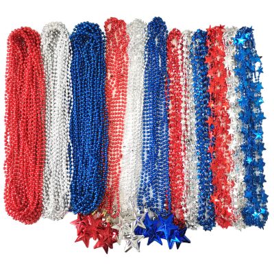200 Pcs Metallic Patriotic Red Blue Silver 4th of July Beaded Necklaces Parade Beads For 4th of July Decoration, Independence Day, Patriotic Events