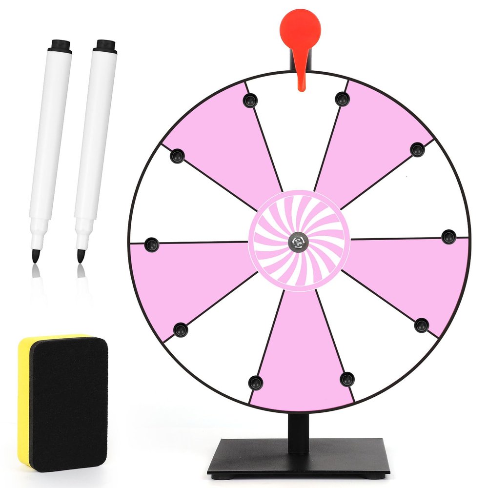 12 Inch Spinning Prize Wheel, 10 Slots Tabletop Fortune Wheel Spinner with Stand Raffle Roulette with Dry Erase & Markers for Carnivals, Trade Shows, Holiday Activities, Game (Pink+White)