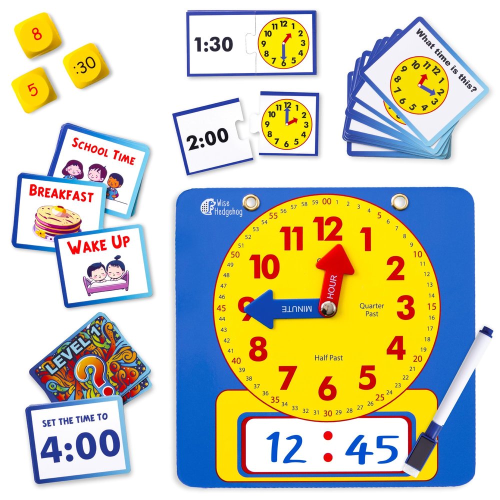 WISE HEDGEHOG Kids Learning Time Activity Game Set, 53 Piece Set, Interactive Play, 4 Fun Time Based Games, Teaching Clock Kids Learn Time Fast, 3 Levels of Difficulty
