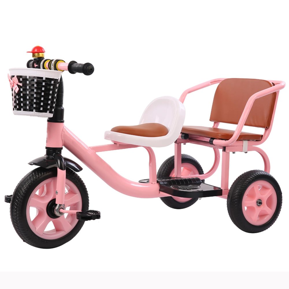 JIYIAN Double Seat Children Tricycle,Toddler Tricycle Kids Classic Tricycle with Back Seat Storage Basket Built-in Multifunction Trike Perfect Toys for Girl Gifts Trikes,Pink