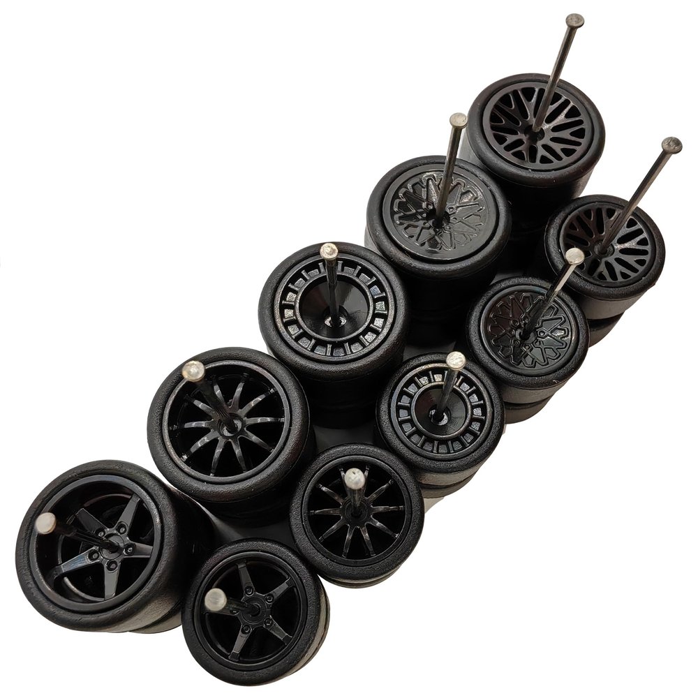 10 Set 1 64 Wheels Small and Large 1/64 Wheels and Tires Set with 5 Styles Wheels and Removable Rubber Tires Suitable for Modification of Narrow Chassis 1 64 Scale Cars (Black)