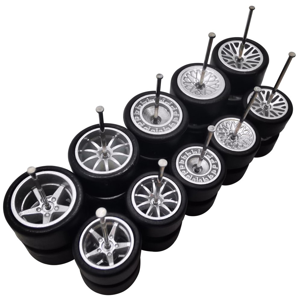 10 Set 1 64 Wheels Small and Large 1/64 Wheels and Tires Set with 5 Styles Wheels and Removable Rubber Tires Suitable for Modification of Narrow Chassis 1 64 Scale Cars (Silver)
