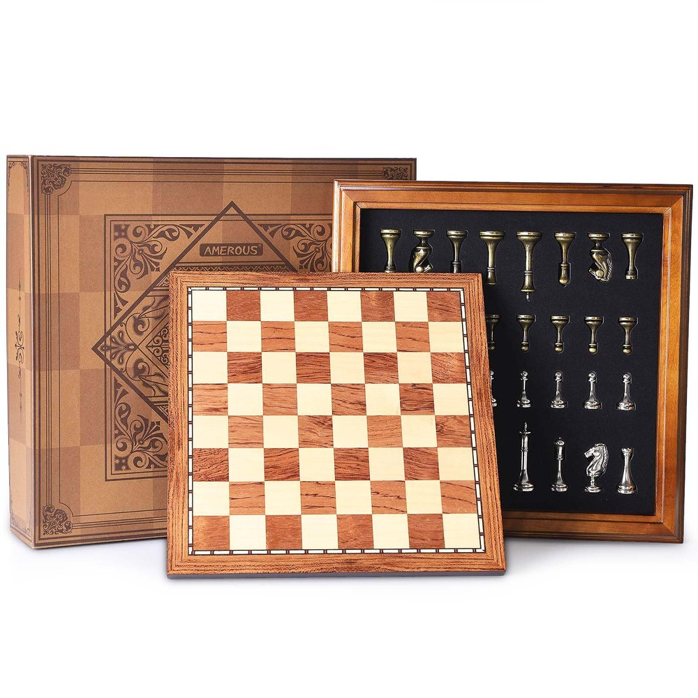 AMEROUS Wooden Chess Board Set with Pieces Storage for Adults Kids, 12.5 Inch Chess Set with Metal Pieces, Unique Chess Game for Tournament Professional Beginner