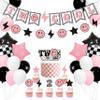 Two Cool Dude Pink Smile-Theme Birthday Party Decoration Set, Two Cool Girl Second Birthday Banner Cake Toppers Pink White Black Checker Balloons for Two Happy Face Party Supplies view 1