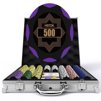 HEITOK Clay Poker Chips Set  500pcs 14g Casino Grade Poker Chips with Denominations, Aluminum Carrying Case, 2 Decks, 5 Dice, Dealer Buttons  Professional Texas Holdem Kit for Home Game Night