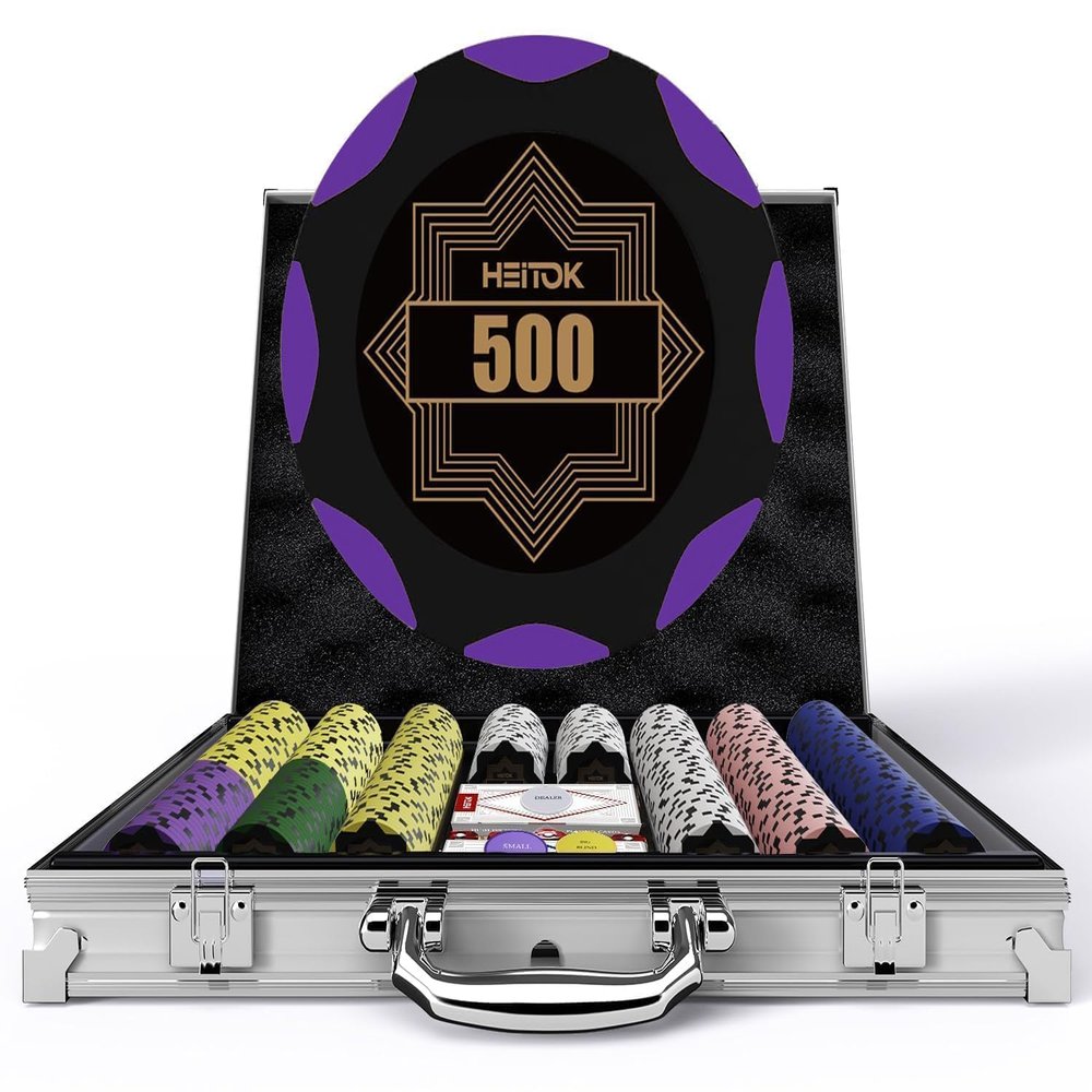 HEITOK Clay Poker Chips Set  500pcs 14g Casino Grade Poker Chips with Denominations, Aluminum Carrying Case, 2 Decks, 5 Dice, Dealer Buttons  Professional Texas Holdem Kit for Home Game Night