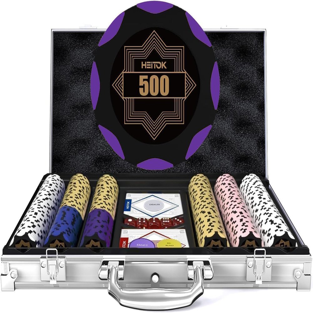HEITOK 300-Piece Clay Poker Chips Set, 14g Heavyweight Clay Composite with Denominations - Professional Casino Grade Texas Holdem Kit with Aluminum Case Cards and Buttons for Blackjack Game Night