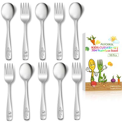 AUOIKK 10-Piece Toddler Flatware, Kids Utensils Stainless Steel Cutlery Set, Children Safe Spoons and Forks with Ergonomic Handle, Easy to use and Dishwasher Safe (Crocodile and Bear)