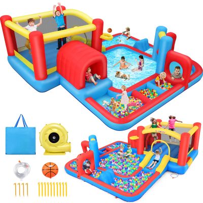 Whubefy 14.3x14.3Ft Inflatable Bounce House, Obstacle Course Bounce Houses with Water Slide, Obstacles Tunnel, Boxing Area, Multi Ball Pit Pools, Blow up Bouncy House for Kids Indoor Outdoor Backyard