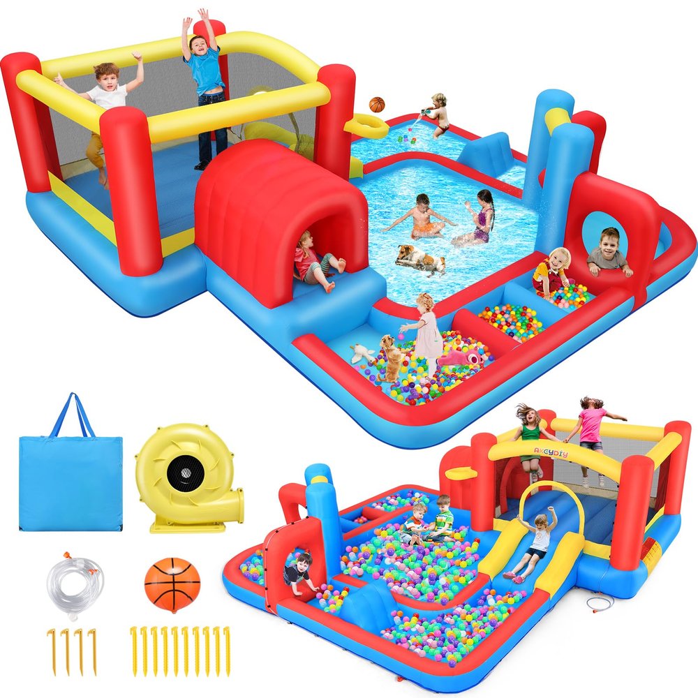 Whubefy 14.3x14.3Ft Inflatable Bounce House, Obstacle Course Bounce Houses with Water Slide, Obstacles Tunnel, Boxing Area, Multi Ball Pit Pools, Blow up Bouncy House for Kids Indoor Outdoor Backyard