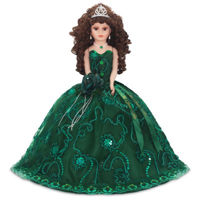 18 Quinceaera Last Doll with Umbrella Dress Stand ltima Mueca Mis Quince Aos Keepsake, Traditional Hispanic mis 15 Doll, Ceremony & Table Centerpiece Full Accessory KK18725-33 (Emerald Green)
