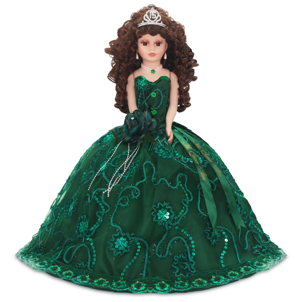 18 Quinceaera Last Doll with Umbrella Dress Stand ltima Mueca Mis Quince Aos Keepsake, Traditional Hispanic mis 15 Doll, Ceremony & Table Centerpiece Full Accessory KK18725-33 (Emerald Green)