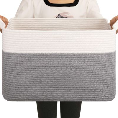 OIAHOMY Large Blanket Basket, 65L Cotton Rope Woven Laundry Basket, Toy Bin for Baby Room, Container for Blanket Storage in Living Room, 20''16''12'', Grey & White