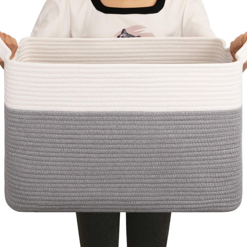 OIAHOMY Large Blanket Basket, 65L Cotton Rope Woven Laundry Basket, Toy Bin for Baby Room, Container for Blanket Storage in Living Room, 20''16''12'', Grey & White