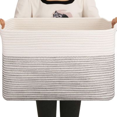 OIAHOMY Large Blanket Basket, 65L Cotton Rope Woven Laundry Basket, Toy Bin for Baby Room, Container for Blanket Storage in Living Room, 20''16''12'', Black & White