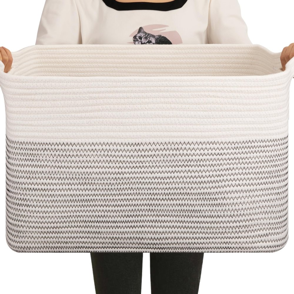 OIAHOMY Large Blanket Basket, 65L Cotton Rope Woven Laundry Basket, Toy Bin for Baby Room, Container for Blanket Storage in Living Room, 20''16''12'', Black & White