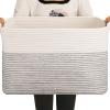 OIAHOMY Large Blanket Basket, 65L Cotton Rope Woven Laundry Basket, Toy Bin for Baby Room, Container for Blanket Storage in Living Room, 20''16''12'', Black & White view 1