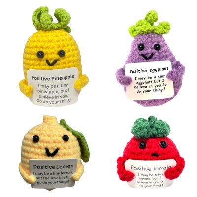 P. Pickle 4PCS Mini Handmade Funny Crochet Toys, Hand-Knit Dolls - Crochet Positive Pineapple, Lemon, Eggplant, Tomato with Positive Affirmation Cards, Various
