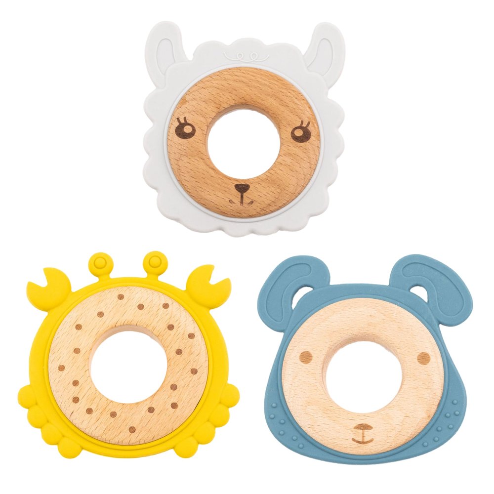 3-Pack Baby Teething Toys for 0-12 Months | Food-Grade Silicone & Natural Beech Wood Teether Set | Easy-to-Hold Animal Shapes for Soothing Chewing | BPA-Free Teethers for Babies Boys & Girls