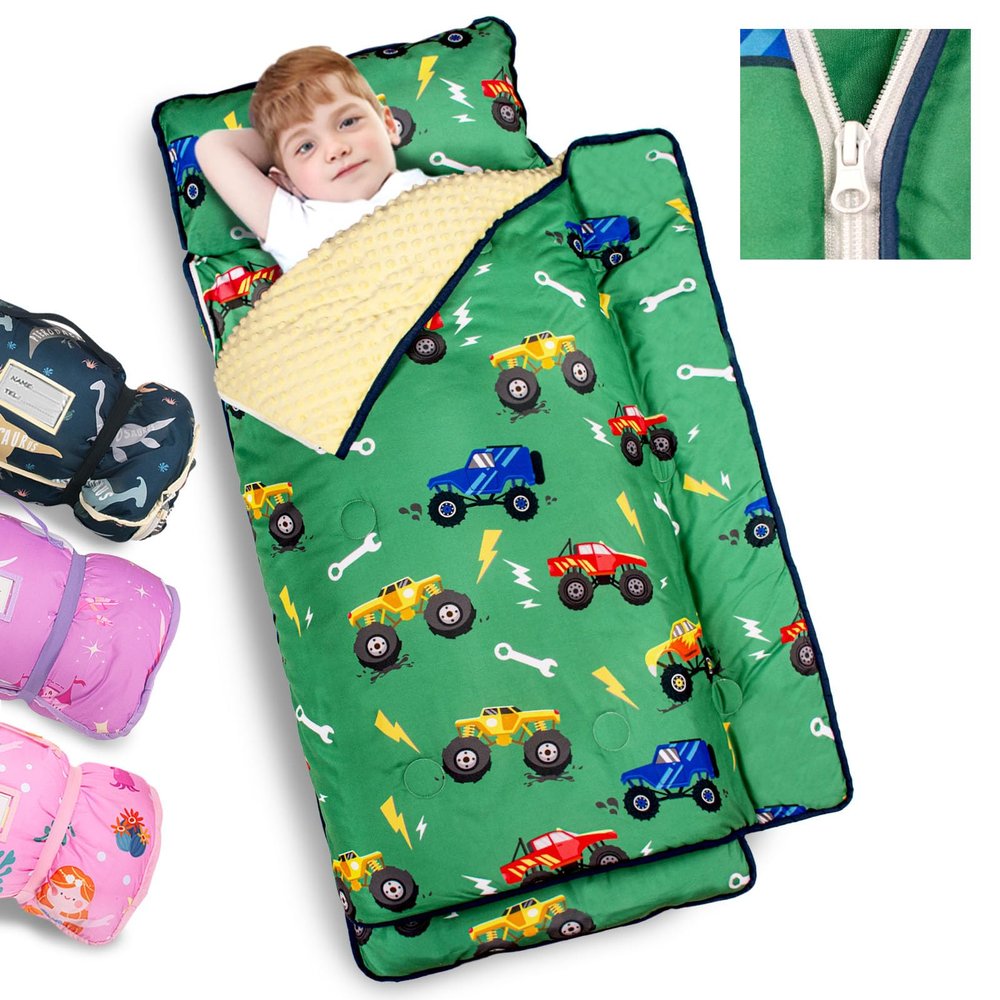 Primlect Toddler Nap Mat Extra Large Thickened 55''x35'', Soft Sleeping Bag with Detachable Minky Blanket and Pillow, Portable for Daycare, Preschool, Kindergarten, Travel, Boys and Girls (Truck)