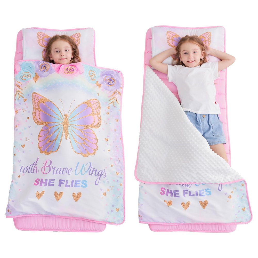Extra Large Toddler Nap mat by Cokouchyi, Toddler Sleeping Bag with Removable Pillow, Measures 53 x 21 x 1.5 Inches, Sleeping Mat for Girls, Ideal for Daycare and Preschool Kindergarten, Butterfly