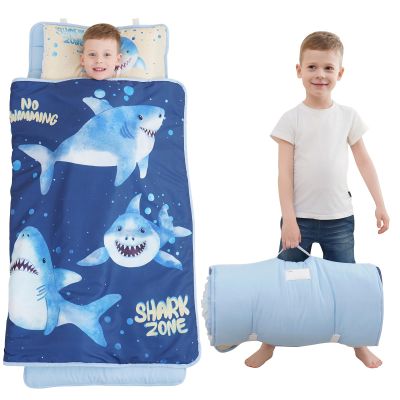 Extra Large Toddler Nap mat by Cokouchyi, Toddler Sleeping Bag with Removable Pillow, Measures 53 x 21 x 1.5 Inches, Sleeping Mat for Boys, Ideal for Daycare and Preschool Kindergarten, Shark Zone