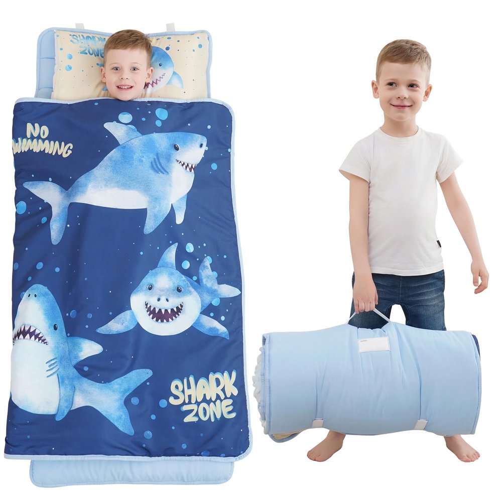 Extra Large Toddler Nap mat by Cokouchyi, Toddler Sleeping Bag with Removable Pillow, Measures 53 x 21 x 1.5 Inches, Sleeping Mat for Boys, Ideal for Daycare and Preschool Kindergarten, Shark Zone