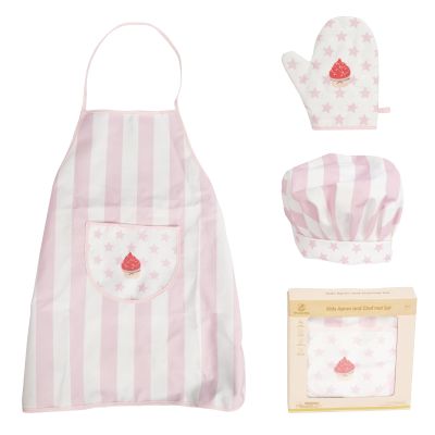 WoodenEdu Kid Apron and Chef Hat Set, 3 Pcs Children Cooking Baking Set Kits Role Play Chef Toy Kid Cooking Gift for Girls Boys (Pink)