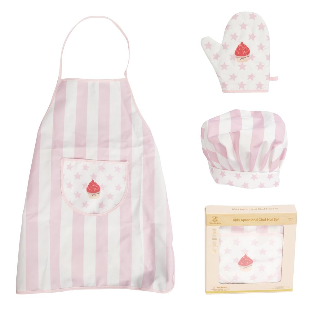 WoodenEdu Kid Apron and Chef Hat Set, 3 Pcs Children Cooking Baking Set Kits Role Play Chef Toy Kid Cooking Gift for Girls Boys (Pink)