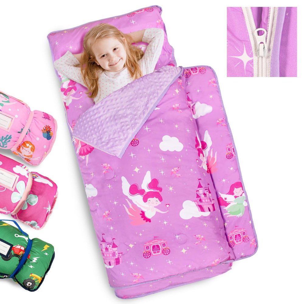 Primlect Toddler Nap Mat Extra Large Thickened 55''x35'', Soft Sleeping Bag with Detachable Minky Blanket and Pillow, Portable for Daycare, Preschool, Kindergarten, Travel, Boys and Girls (Princess)
